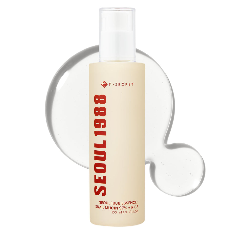 K-SECRET Seoul 1988 snail mucin essence bottle showing deep hydration and fast absorption.