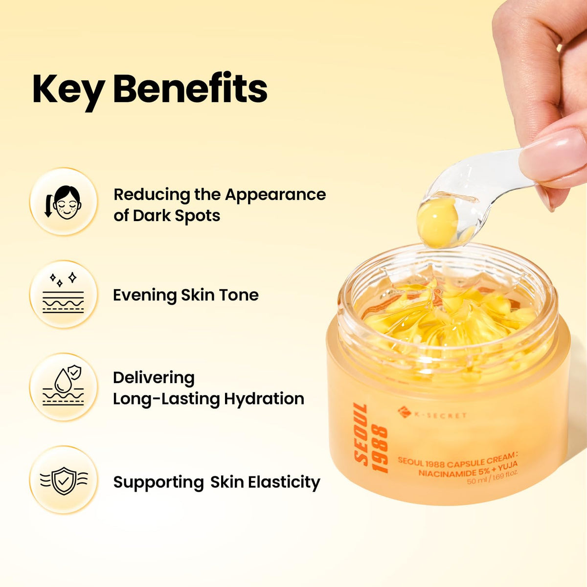 Vitamin C capsules visible within the cream for brightening potential.