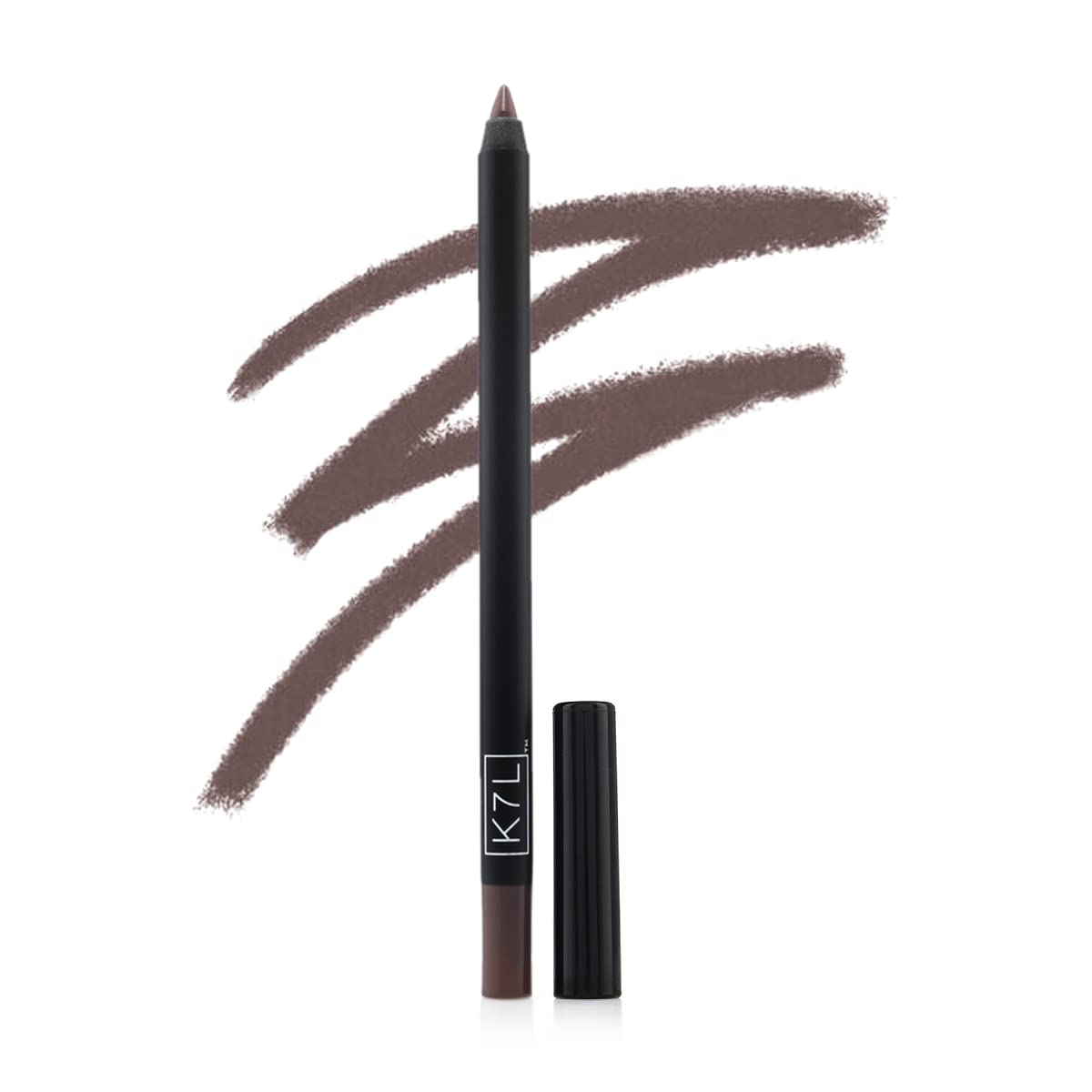 K7L brown eyeliner pencil close-up shows creamy texture on skin.