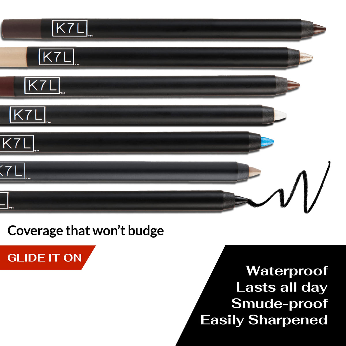 K7L brown eyeliner pencil waterproof formula stands up to moisture.