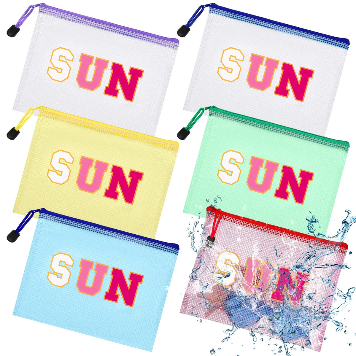Kacctyen 12-pcs sunscreen bag set in pink sun motif, ideal for beach organization.