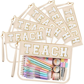Kacctyen clear makeup bag with chenille letters for easy visibility.