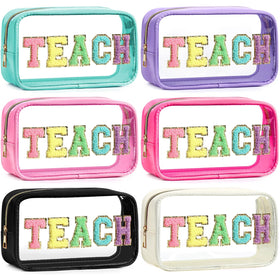 Kacctyen clear teach makeup bag set with chenille patches in pink for travel organization.