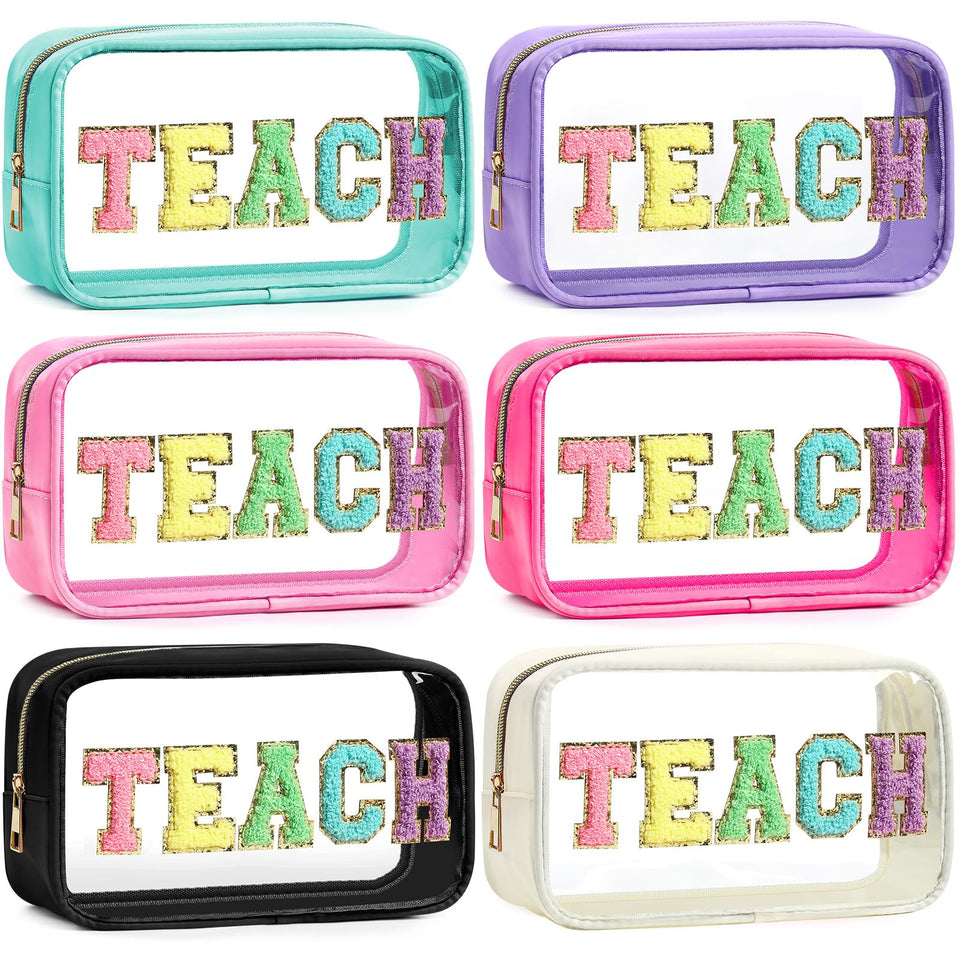 Kacctyen clear teach makeup bag set with chenille patches in pink for travel organization.