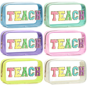 Kacctyen clear teacher makeup bags with chenille patches for easy organization.