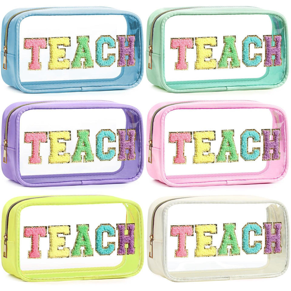 Kacctyen clear teacher makeup bags with chenille patches for easy organization.