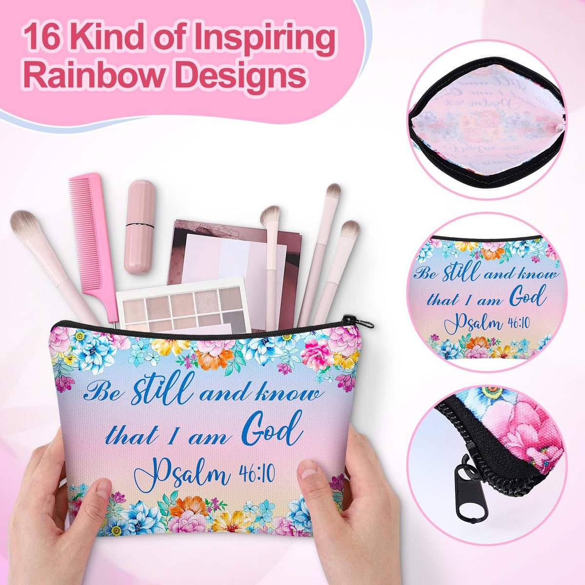 Kacctyen floral Bible verse makeup bag with compact mirrors for quick touch-ups.