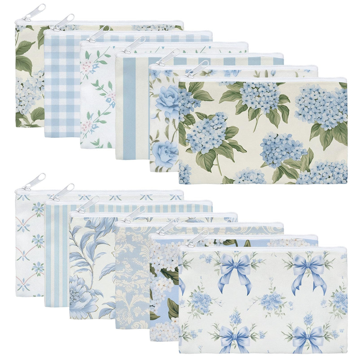 Kacctyen hydrangea bow makeup bag with blue floral design, ideal for travel cosmetics.