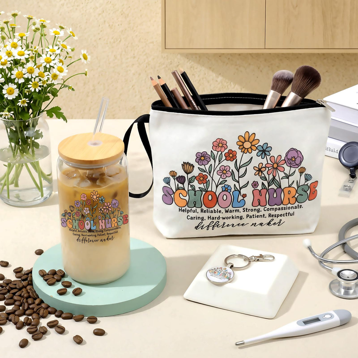Kacctyen makeup bag shown with daily essentials on a desk.