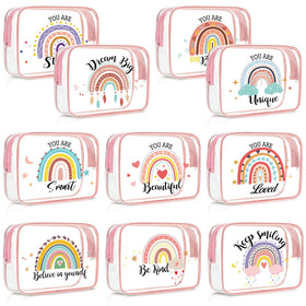 Kacctyen rainbow clear makeup bag pattern with inspirational quotes for travel.