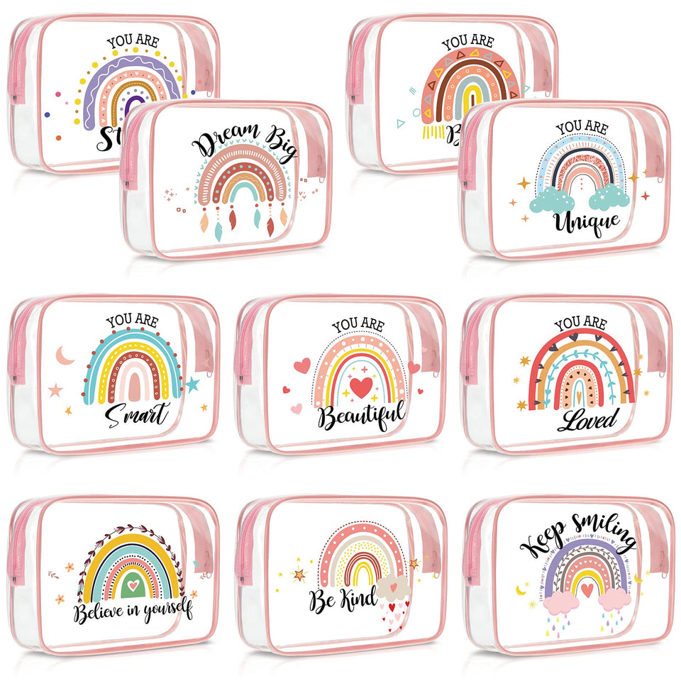 Kacctyen rainbow clear makeup bag pattern with inspirational quotes for travel.