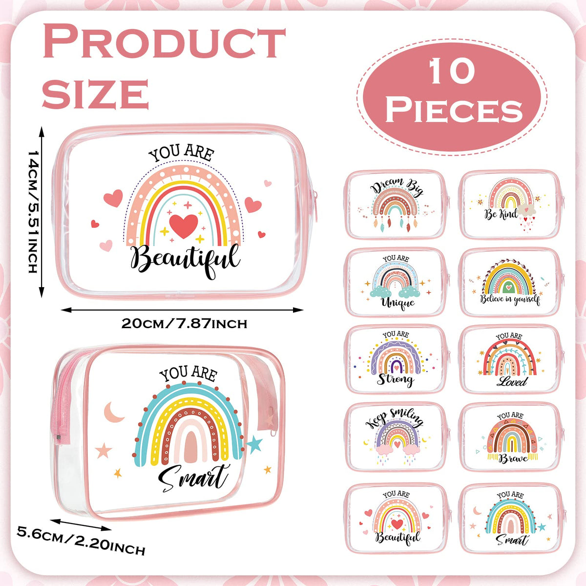 Kacctyen rainbow clear makeup bag zipper detail ensures secure closure during travel.