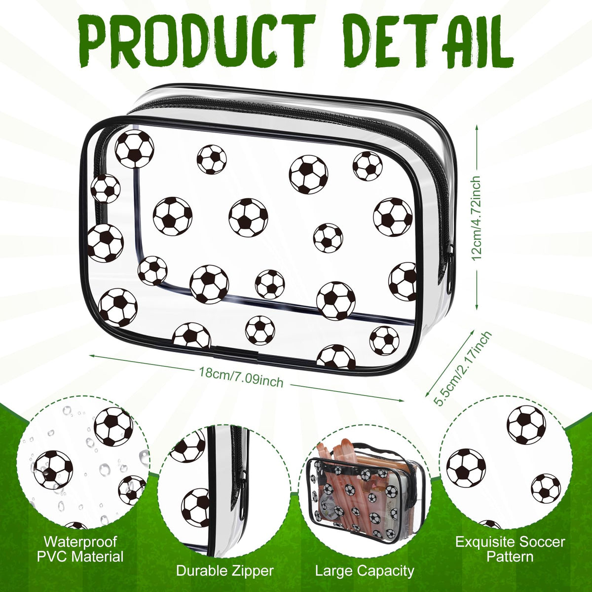 Kacctyen soccer clear makeup bag side view showing transparency for easy finding