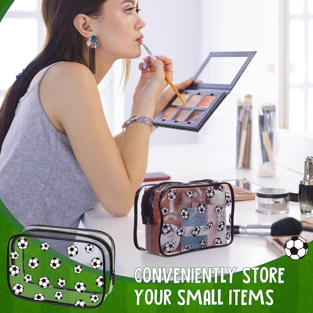Kacctyen soccer clear makeup bag in travel use scenario