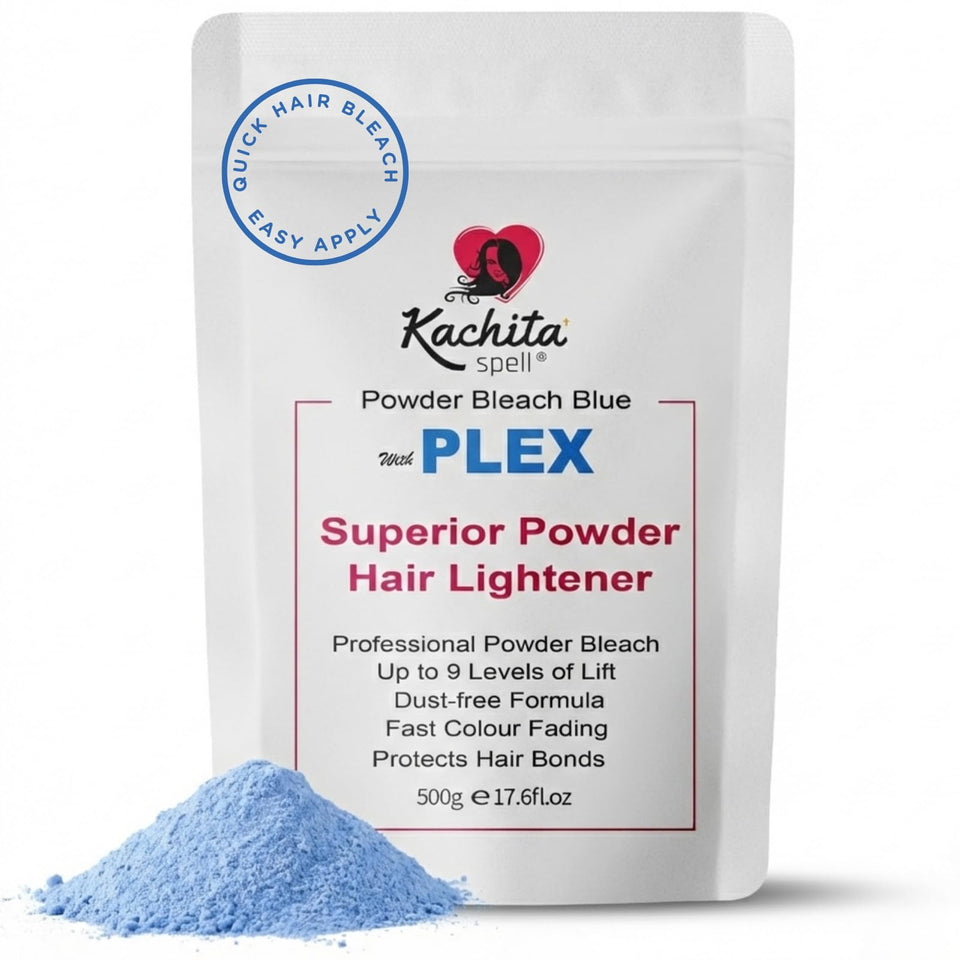 Kachita Spell blue lightener bottle in salon setting, showcasing up to 9-level lift.
