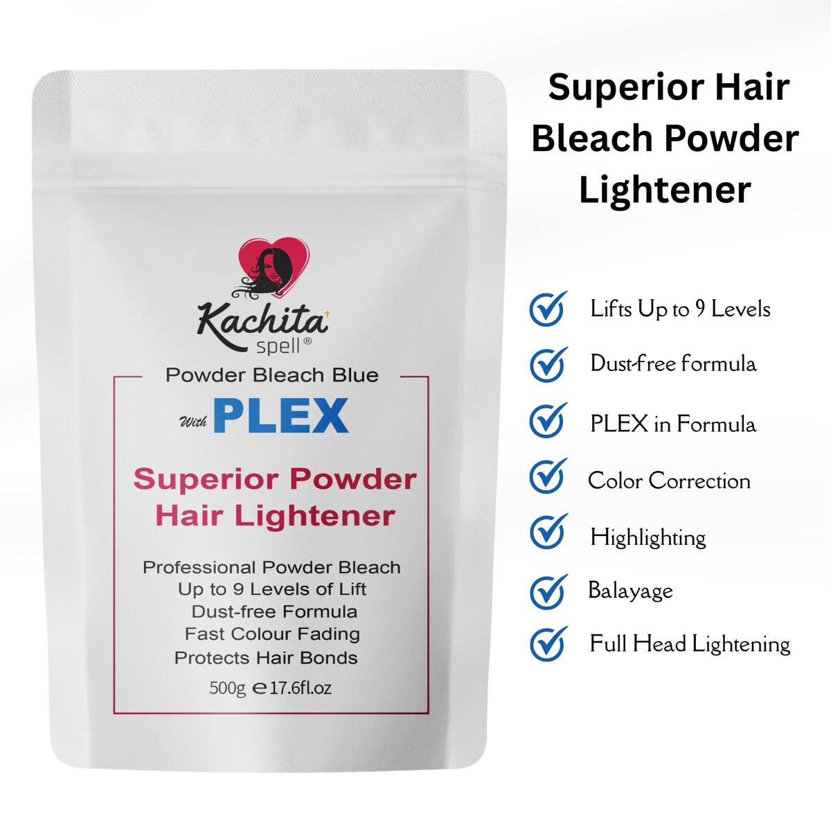Kachita Spell lightener blue powder with mixing bowl illustrates dust-free, smooth application.