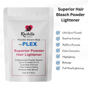 Kachita Spell lightener blue powder with mixing bowl illustrates dust-free, smooth application.
