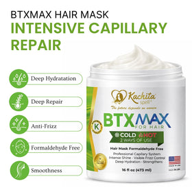 Kachita Spell BTXMAX keratin-argan oil bottle highlights strengthening properties.