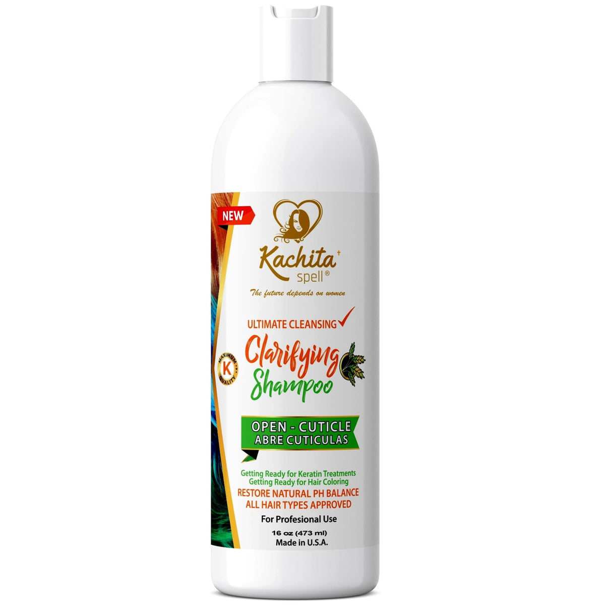 Kachita Spell Clarifying Shampoo bottle shows sulfate-free deep cleansing benefits.