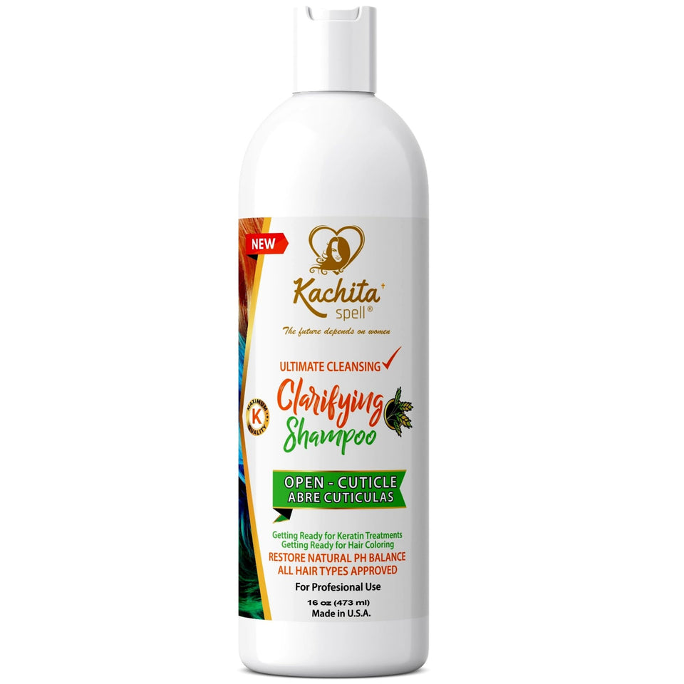 Kachita Spell Clarifying Shampoo bottle shows sulfate-free deep cleansing benefits.