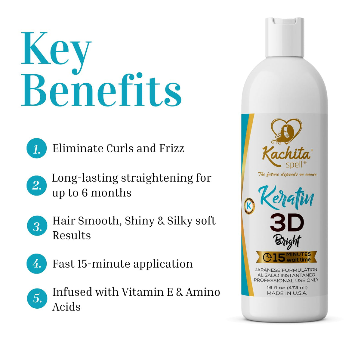 Kachita Spell keratin bottle with pump enables easy, controlled application for even coverage.