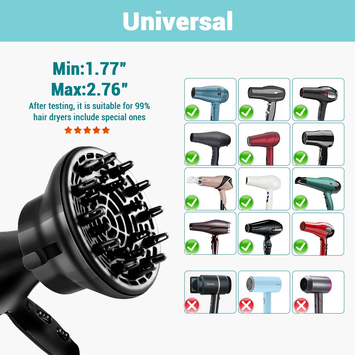 KAHEM universal diffuser works with long or short hair styles