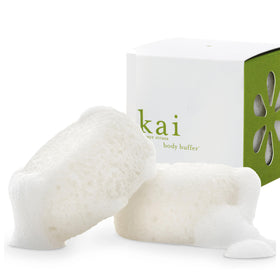 Kai Body Buffer built-in cleanser close-up for exfoliating and cleansing in one step.