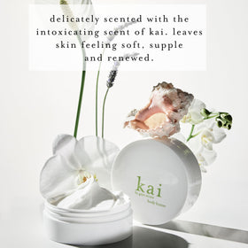 Kai body butter texture close-up highlights silky feel and rapid skin absorption.
