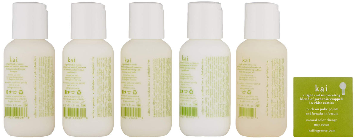 Kai travel shampoo and conditioner bottles in compact TSA-friendly packaging