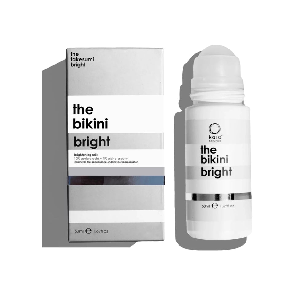 Kaia Naturals Takesumi Bright bikini brightening milk bottle showing fragrance-free, alcohol-free formula for sensitive bikini areas.