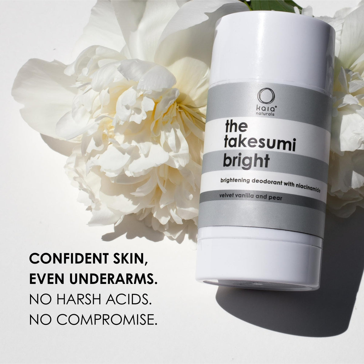 Kaia Naturals Takesumi Bright deodorant with activated charcoal for moisture absorption.