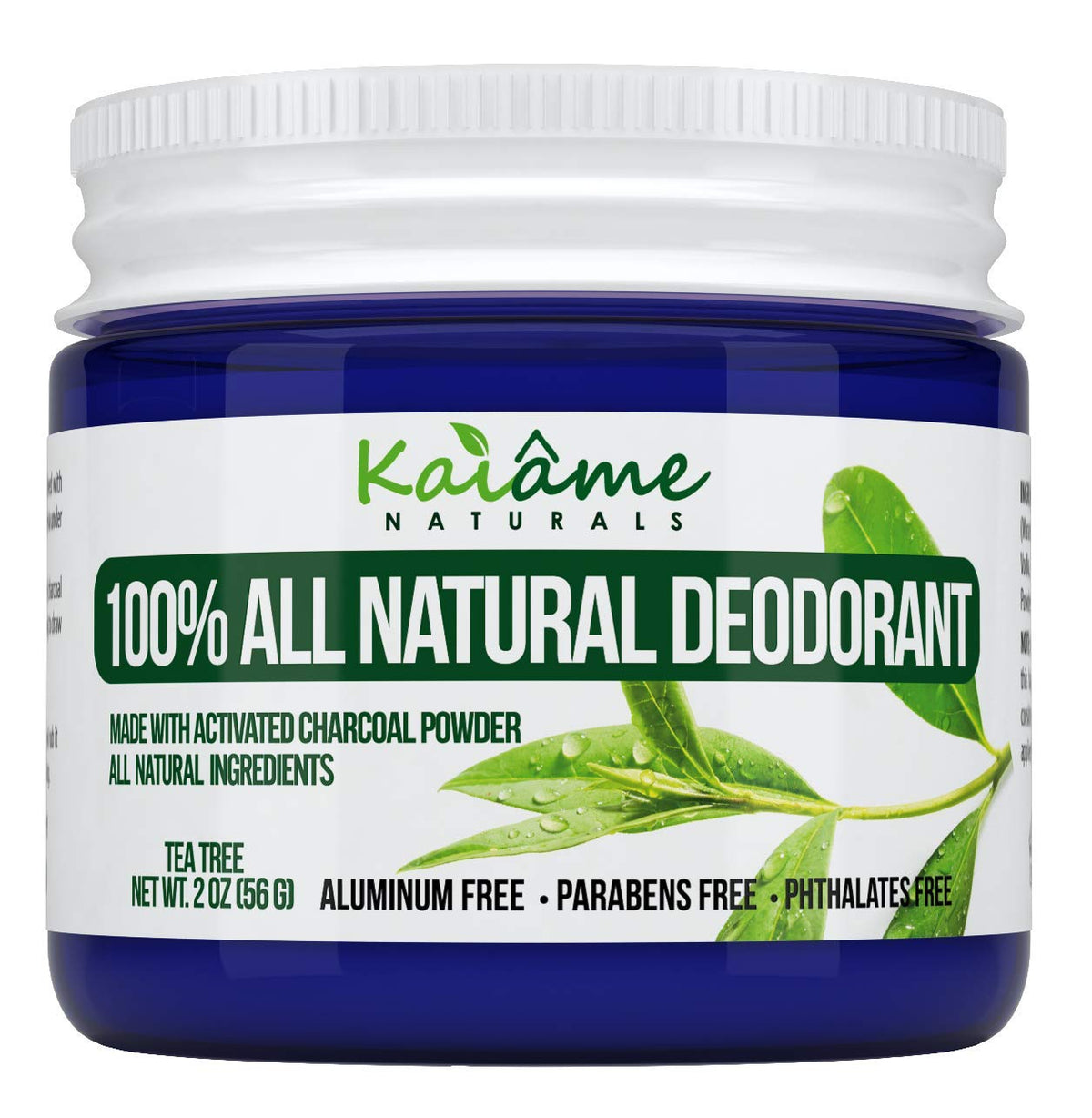 Kaiame Naturals Deodorant Tea Tree Charcoal Jar highlights a natural, aluminum-free odor control solution.