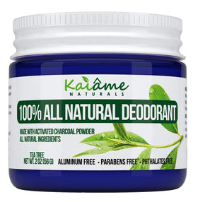 Kaiame Naturals Deodorant Tea Tree Charcoal Jar highlights a natural, aluminum-free odor control solution.