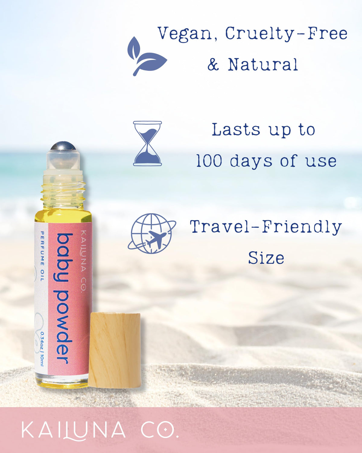 Kailuna Co. Baby Powder roll-on application showing smooth rollerball for even scent