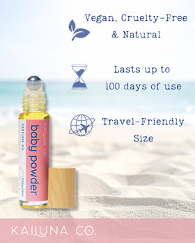 Kailuna Co. Baby Powder roll-on application showing smooth rollerball for even scent