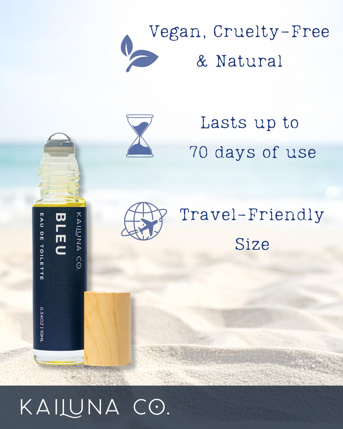 Kailuna Co. Bleu ingredients highlight organic jojoba oil carrying fragrance gently on skin.