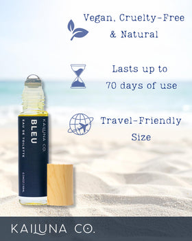 Kailuna Co. Bleu ingredients highlight organic jojoba oil carrying fragrance gently on skin.