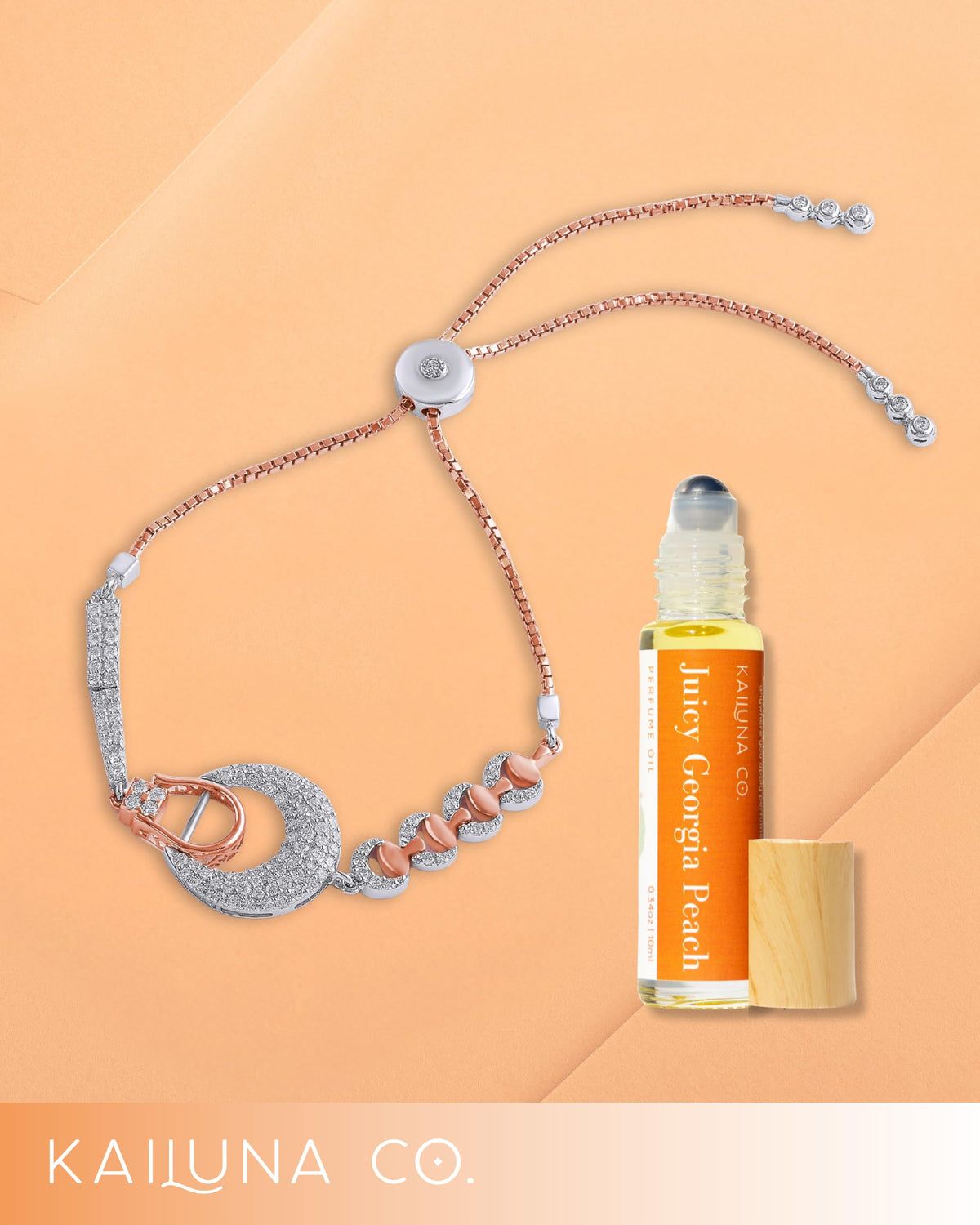 Kailuna Co Juicy Georgia Peach label highlights fragrance and usage ideas.