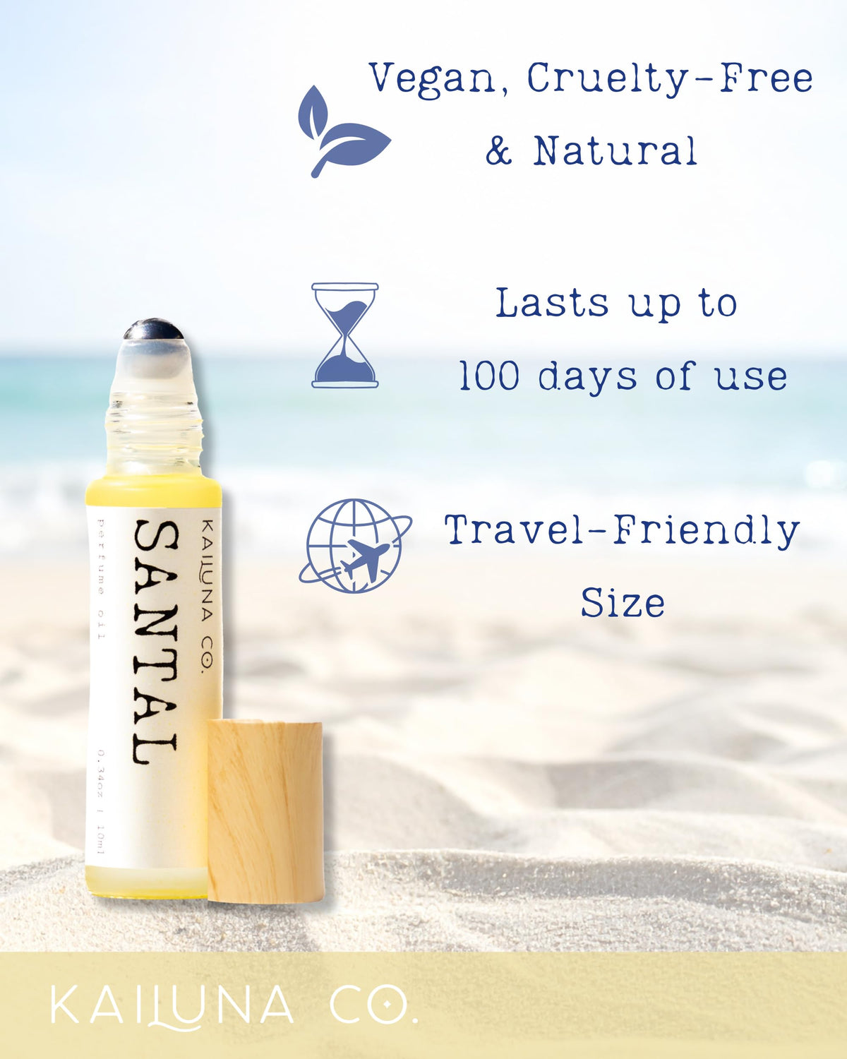Kailuna Co. Santal roll-on in hand shows portable fragrance on the go.