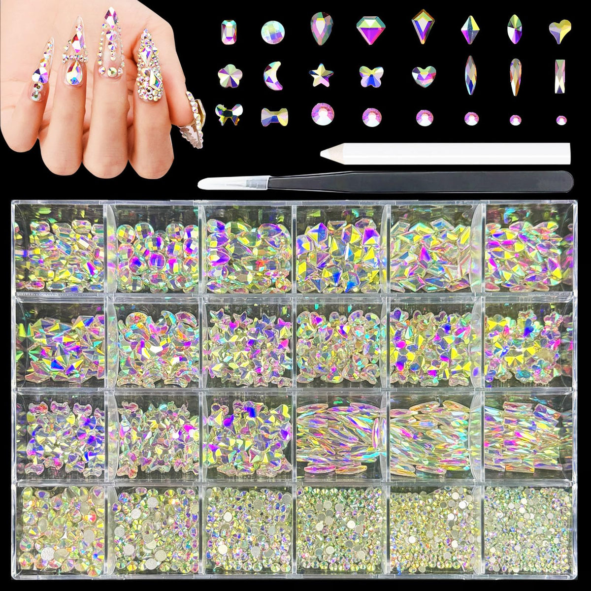 Kaipheiquan nail rhinestones kit with big stones for brilliant nail designs.