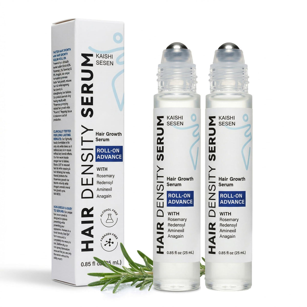 KAISHISESEN Hair Growth Serum Roll On bottle showing rosemary formula for scalp care