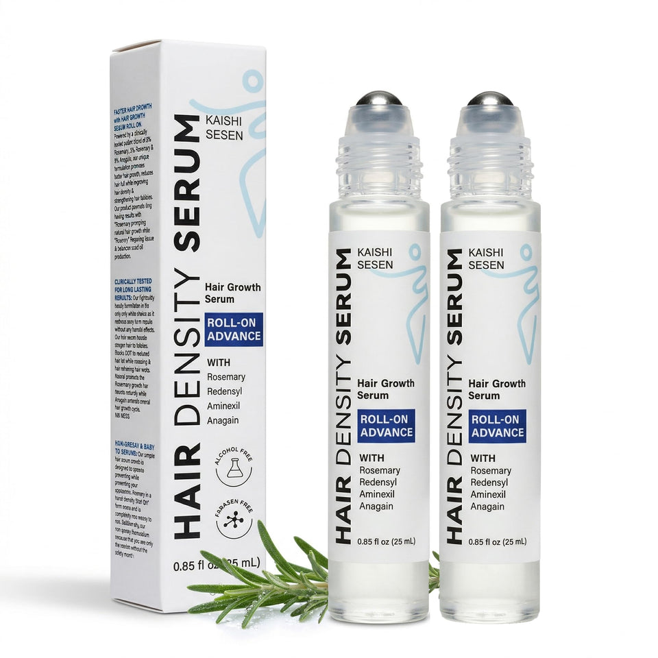 KAISHISESEN Hair Growth Serum Roll On bottle showing rosemary formula for scalp care