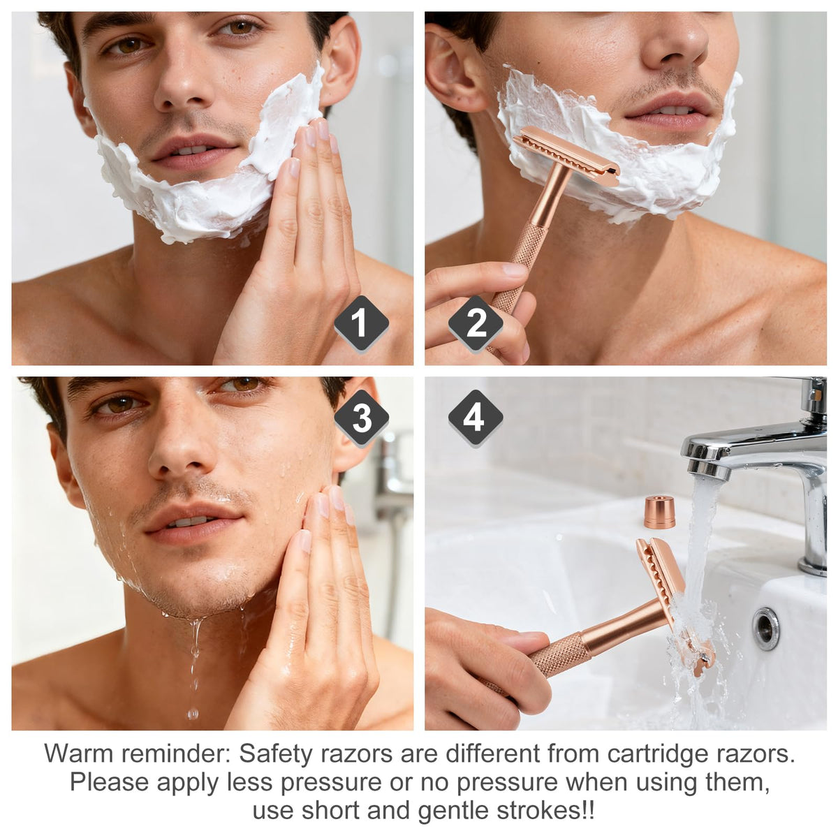 KAIYULUN rose gold razor closeup highlights durable metal build and elegant drying stand.