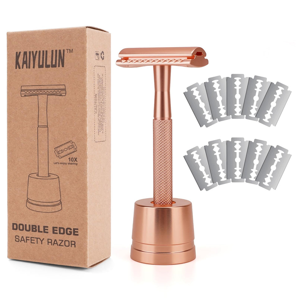 KAIYULUN rose gold safety razor with stand for premium, smooth shave.