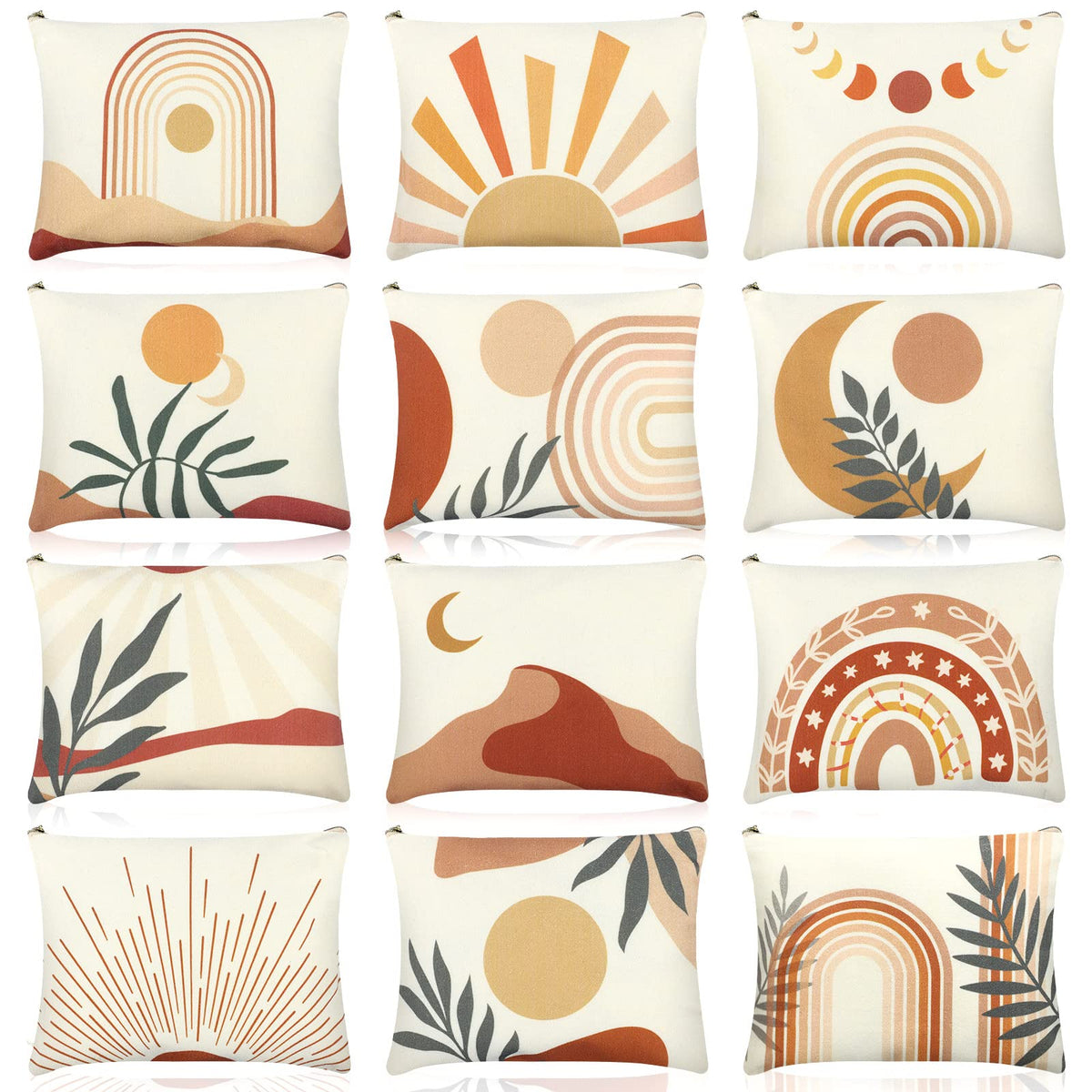 Kajaia 12-piece boho makeup bags with rainbow sunshine pattern for vibrant daily organization.