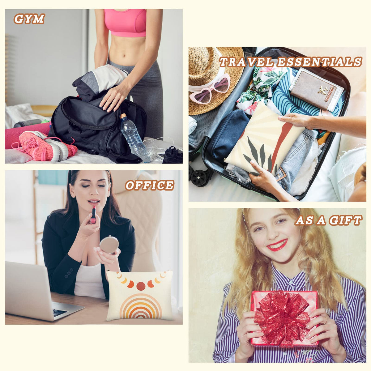 Travel-ready Kajaia makeup bags for purse organization and gifts.