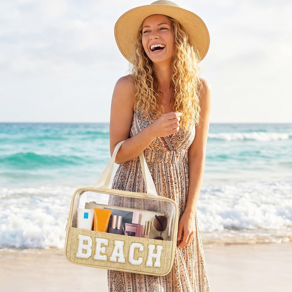 Kajaia versatile bag for cosmetics, toiletries, swimsuits, and sunscreen.