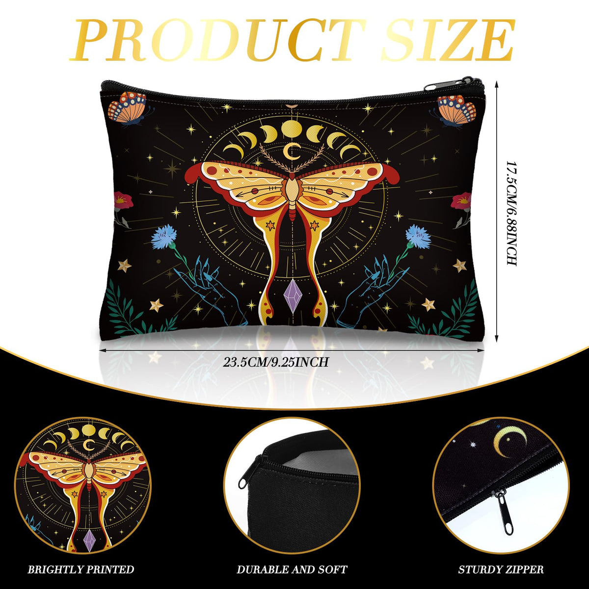 Kajaia tarot moth print closeup highlighting durable canvas and secure zipper