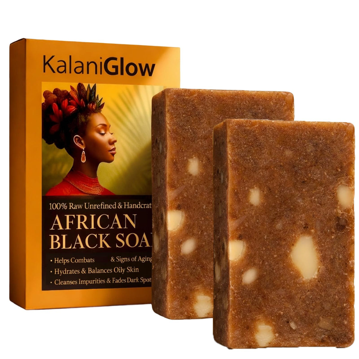 Kalani Glow African Black Soap bar with Moroccan origin for daily cleansing and hydration
