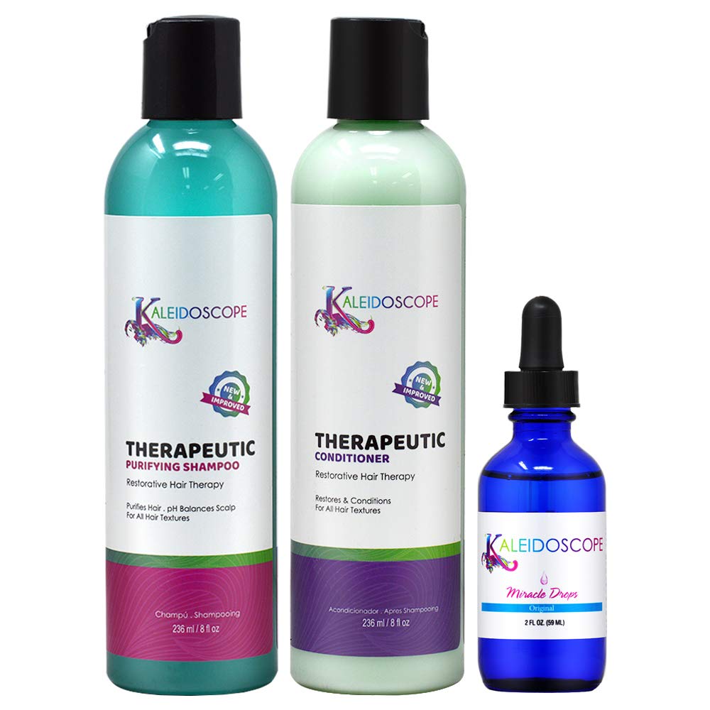 Kaleidoscope Miracle Drops bundle hero: detox shampoo, conditioner, and drops for revitalized hair